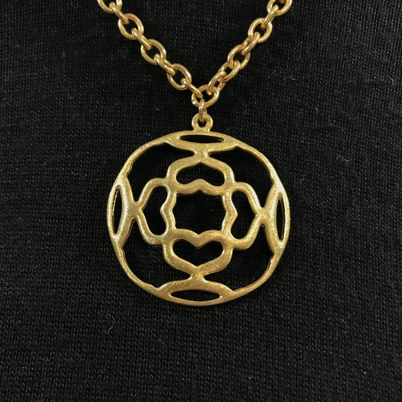 Gold Tone Circle Medallion cut out Long Necklace - Picture 3 of 7